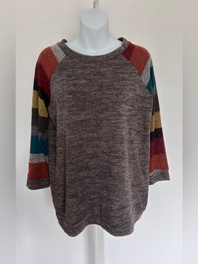 42pops Women’s Brown Pullover Tunic Top Multicolor 3/4 Sleeve Small Relax Fit